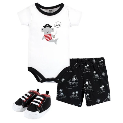 Hudson Baby Infant Boy Cotton Bodysuit, Shorts And Shoe Set, Pirate Shark 6 Hudson Baby Infant Boy Cotton Bodysuit, Shorts And Shoe Set, Pirate Shark - Image 6
