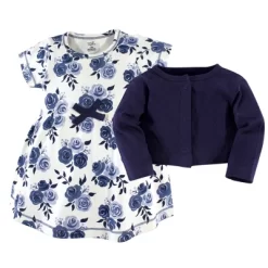 Touched By Nature Baby And Toddler Girl Organic Cotton Dress And Cardigan 2pc Set, Navy Floral