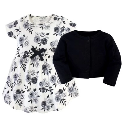 Touched By Nature Baby And Toddler Girl Organic Cotton Dress And Cardigan 2pc Set, Black Floral 1 Touched By Nature Baby And Toddler Girl Organic Cotton Dress And Cardigan 2pc Set, Black Floral