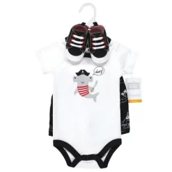 Hudson Baby Infant Boy Cotton Bodysuit, Shorts And Shoe Set, Pirate Shark