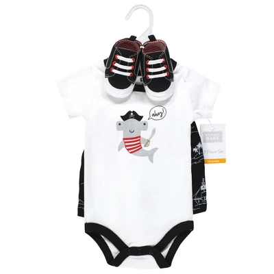 Hudson Baby Infant Boy Cotton Bodysuit, Shorts And Shoe Set, Pirate Shark 1 Hudson Baby Infant Boy Cotton Bodysuit, Shorts And Shoe Set, Pirate Shark