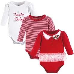 Little Treasure Baby Girl Cotton Long-Sleeve Bodysuits 3pk, Santa Baby