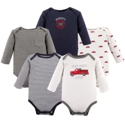 Hudson Baby Infant Boy Cotton Long-Sleeve Bodysuits 5pk, Fire Truck