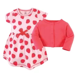 Touched By Nature Baby And Toddler Girl Organic Cotton Dress And Cardigan 2pc Set, Strawberries