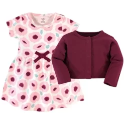 Touched By Nature Baby And Toddler Girl Organic Cotton Dress And Cardigan 2pc Set, Blush Blossom