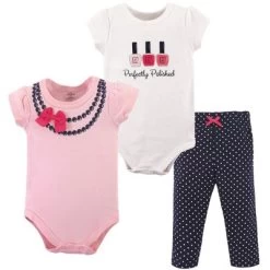 Little Treasure Baby Girl Cotton Bodysuit And Pant Set, Bow Necklace