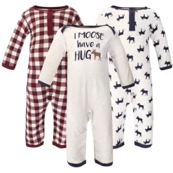 Little Treasure Baby Boy Cotton Coveralls 3pk, Moose Hug