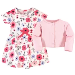 Touched By Nature Baby And Toddler Girl Organic Cotton Dress And Cardigan 2pc Set, Coral Garden