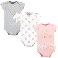 Little Treasure Baby Girl Cotton Bodysuits 3pk, Unicorn Purse