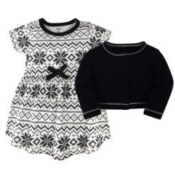 Touched By Nature Baby And Toddler Girl Organic Cotton Dress And Cardigan 2pc Set, Black Fair Isle