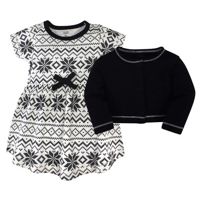 Touched By Nature Baby And Toddler Girl Organic Cotton Dress And Cardigan 2pc Set, Black Fair Isle 1 Touched By Nature Baby And Toddler Girl Organic Cotton Dress And Cardigan 2pc Set, Black Fair Isle