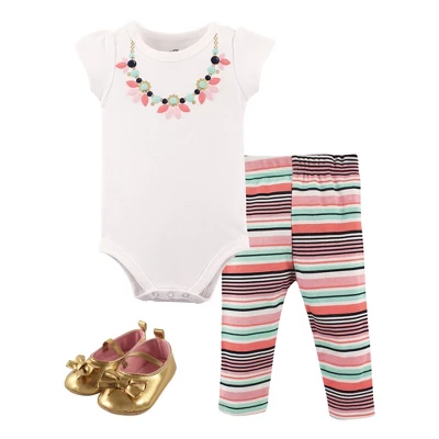 Little Treasure Baby Girl Cotton Bodysuit, Pant And Shoe 3pc Set, Sparkle Necklace 1 Little Treasure Baby Girl Cotton Bodysuit, Pant And Shoe 3pc Set, Sparkle Necklace